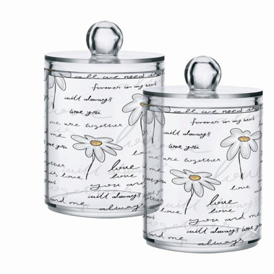 BlossomClear Daisy Apothecary Jars - 2 Pack Cotton Swab Holder & Cotton Ball Storage, 10 Oz Clear Plastic Canisters for Bathroom Vanity Organization