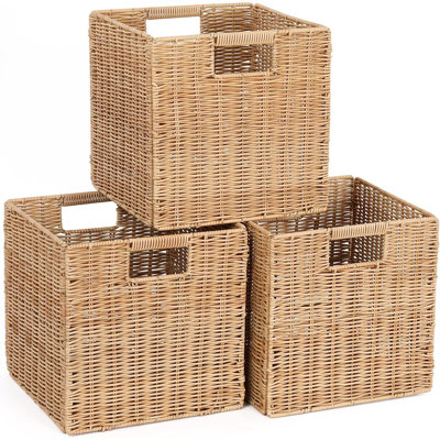 Ensemble de 3 paniers de rangement en plastique et osier pliables | Paniers carrés en rotin pour tablettes | Kaki
