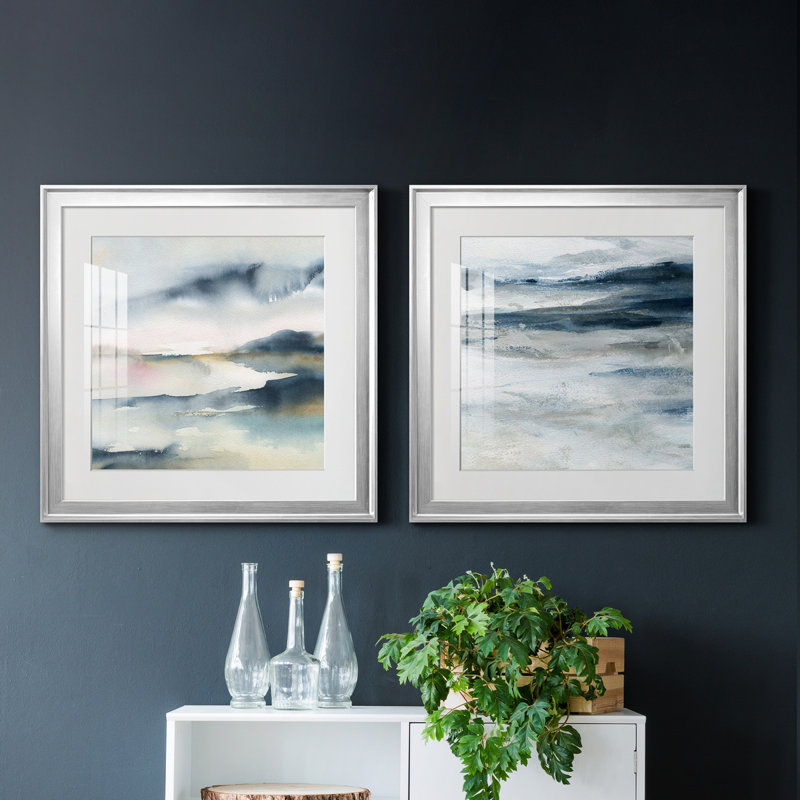 Sunwashed Horizon - Peinture encadrée sur papier, Impression encadrée avec passe-partout, H 17,5 po x l 35 po, Argent argent