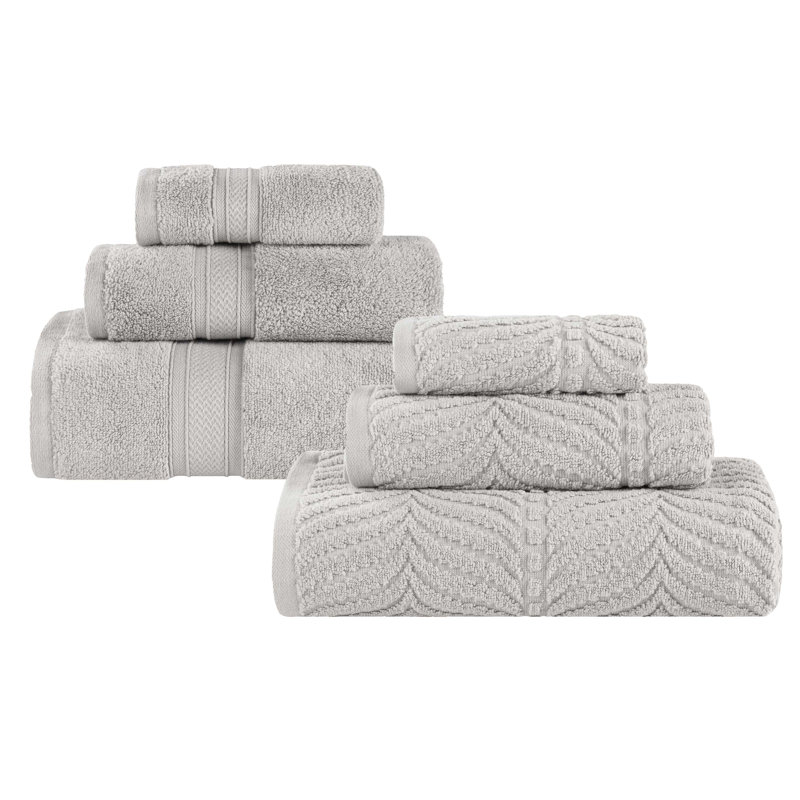Amaretto Chevron Zero Twist Solid and Jacquard Cotton 6 Piece Bathroom Towel Set, Platinum