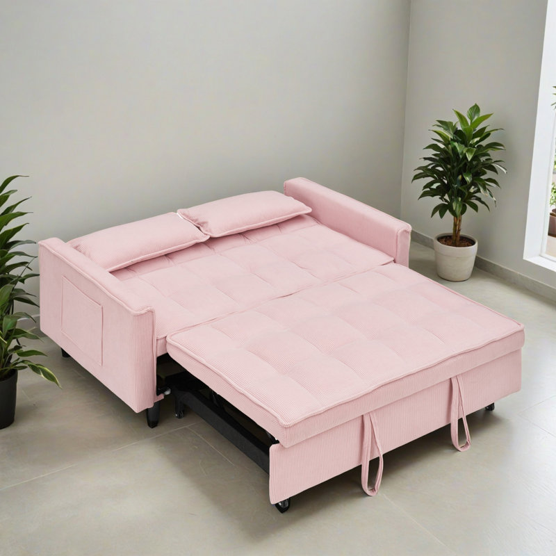 Canapé-lit 54,32 po à accoudoirs carrés avec dossier capitonné et coussins, Rose
