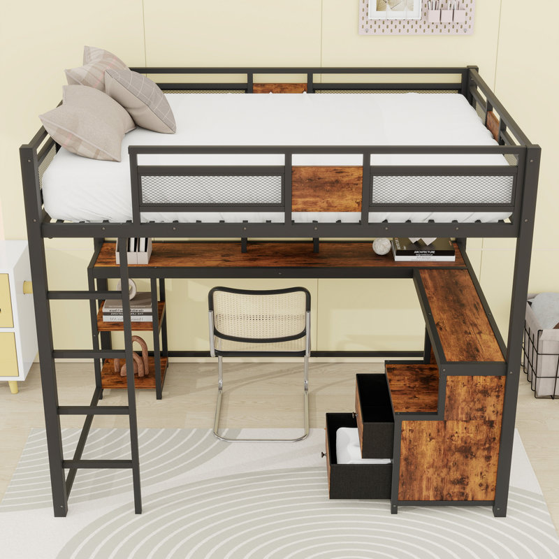 Lit mezzanine double avec bureau et rangement, échelle