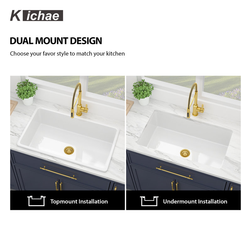 32" L x 19" W Ceramic Drop-in/Undermount Kitchen Sink, Single Bowl Kitchen Sink with Sink Grid and Basket Strainer