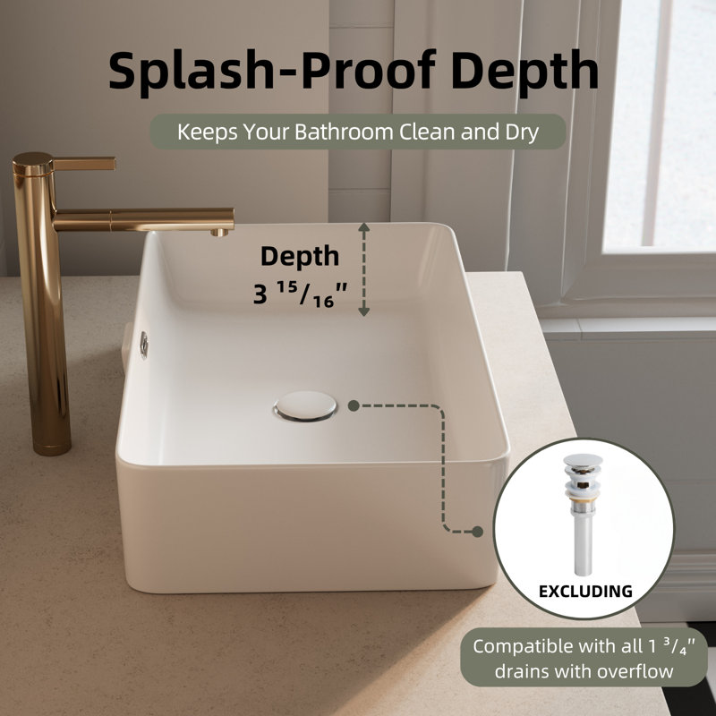 Los Flexi Modern Rectangular Vessel Sink with Overflow – White Ceramic Above Counter Basin for Smaller Bathrooms