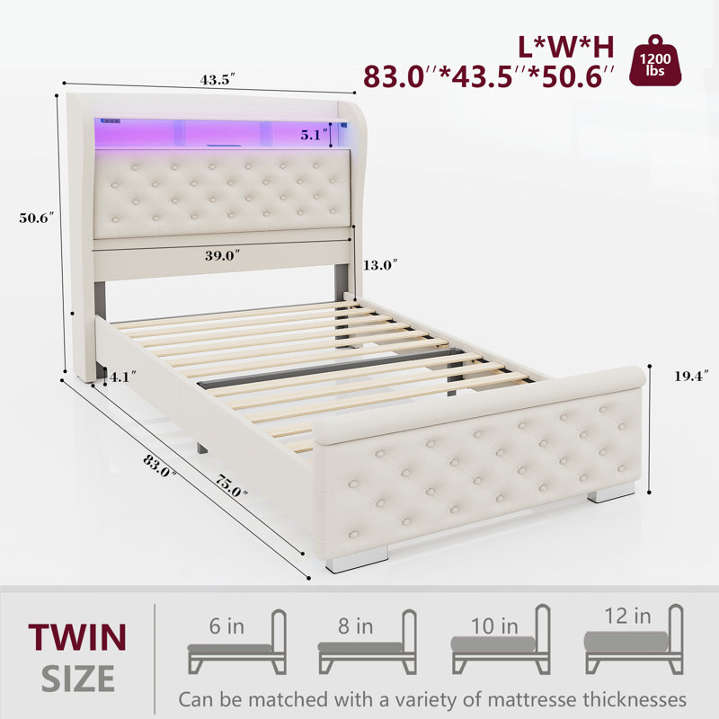 Bed Frame with Storage and LED Lights Charging Station, Velvet Upholstered Sleigh Bed with Wingback Bookcase Headboard, No Box Spring Needed, Easy Assemble, Cream