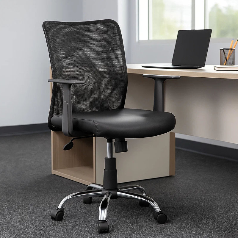 Chaise de travail Lene, accoudoirs en T, filet noir et vinyle Caressoft, inclinaison à ressort