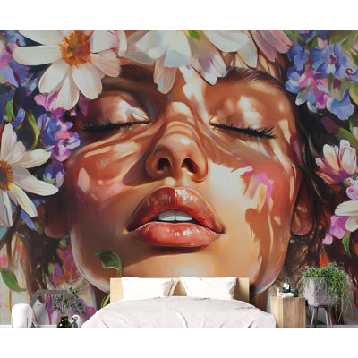 Papier peint floral beauté - Visage de femme artistique avec marguerites et fleurs sauvages