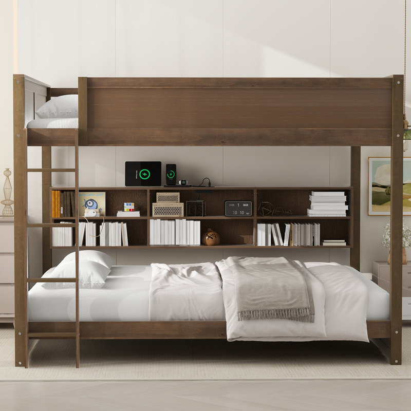 Lit superposé avec armoires de rangement et ports USB, Bois