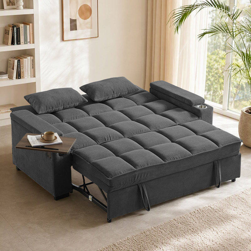 Canapé-lit convertible 74 po 3-en-1, canapé-lit escamotable avec table d'appoint pivotante à 360 °, port USB, porte-gobelet, accoudoirs de rangement