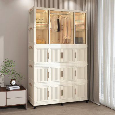 Portable Wardrobe Closet Storage Organizer For Clothes,Clothes Dresser,17 Magnetic Doors-17 Cubes & 1 Hanging Rod,6 Pcs Hangers , Baby Wardrobe Storage Cabinet,White