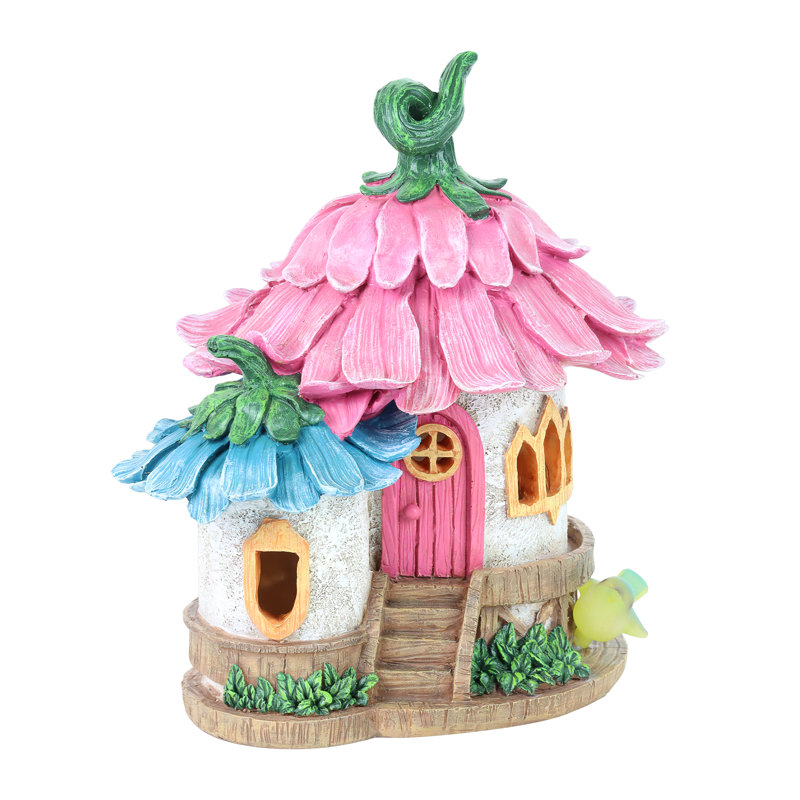 Solar Pink and Blue Daisy Petal Roof Fairy House Garden Statue