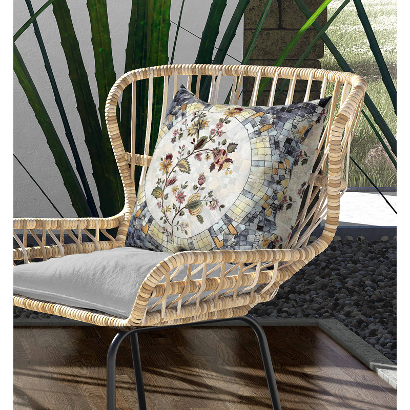Coussin intérieur / extérieur Botanical Mosaic, Carré 16 po, Vert / jaune / rose / gris