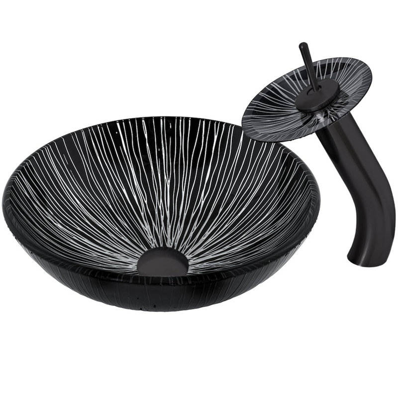 Lavabo de salle de bain vasque circulaire en verre noir peint à la main avec robinet