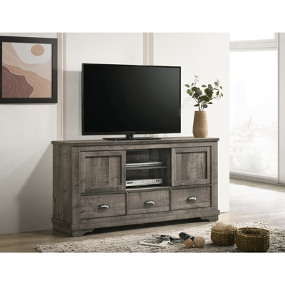 Contemporary TV Stand 1pc Weathered Wood Finish Metal Hardware Sliding Doors Open Shelves Lower Drawers Wooden Living Room Furniture