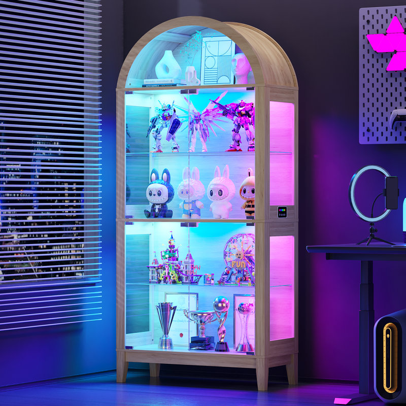 175cm H x 75cm W Modern Arched Glass Bookcase with RGB LED Lighting & Removable Shelves, Oak