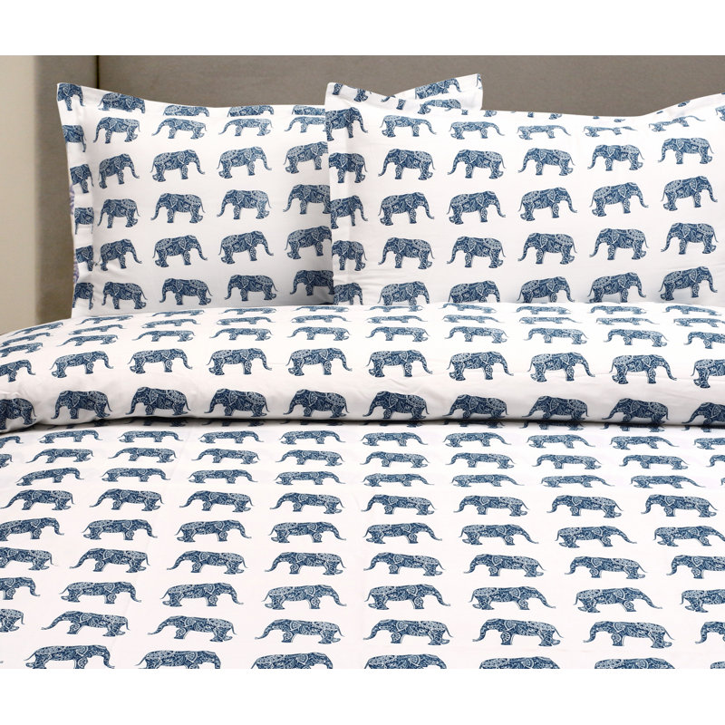 Elephant Animal Print Duvet Cover, Queen Duvet Cover + 2 Standard Shams, True Navy