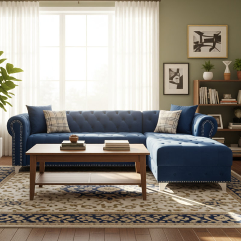 Canapé modulaire traditionnel capitonné Joannette de 112,6 po de largeur avec clou et 2 coussins, Mélange de polyester bleu