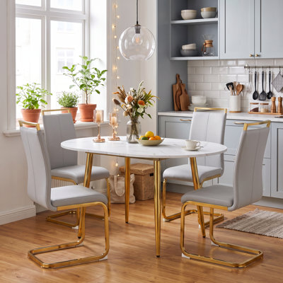 5-piece Modern Round-to-Oval Extendable Faux Marble Wood Dining Set