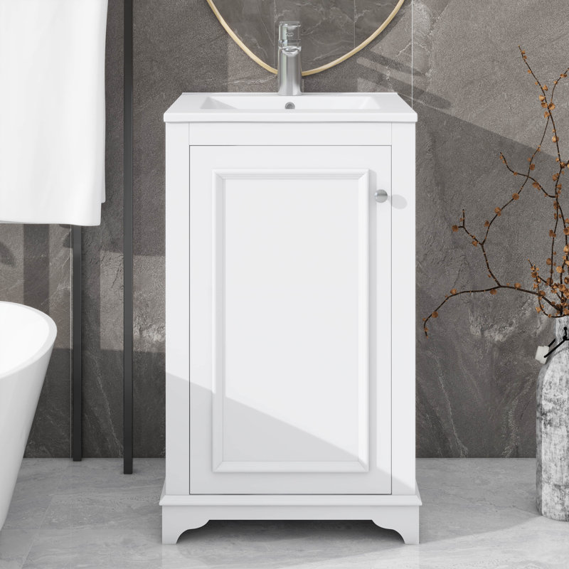 Ensemble de meuble-lavabo de 20 pouces avec lavabo, meuble de rangement autoportant simple avec porte à fermeture douce et tablette réglable, ensemble de meuble-lavabo en bois avec lavabo en céramique pour la salle de bain
