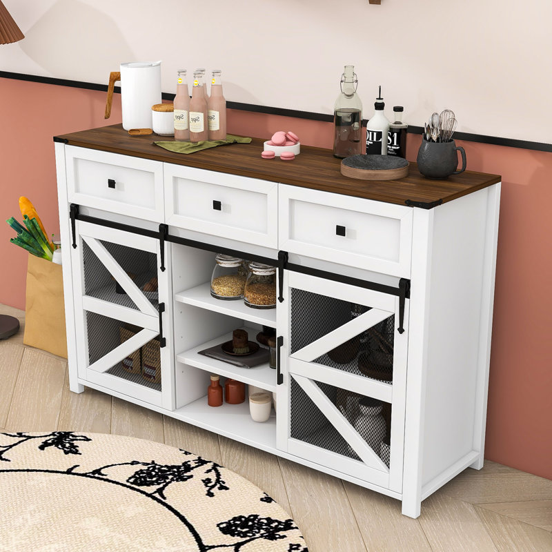 Armoire de rangement à porte de grange coulissante - tablettes réglables, tiroirs et décorations industrielles en métal