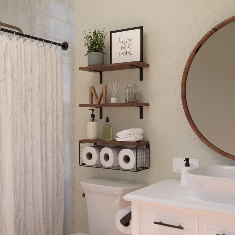 Bathroom Shelf Over Toilet, Floating Bathroom Shelf Wall Mounted With Wire Basket, Floating Shelf For Wall Décor-Rustic Brown