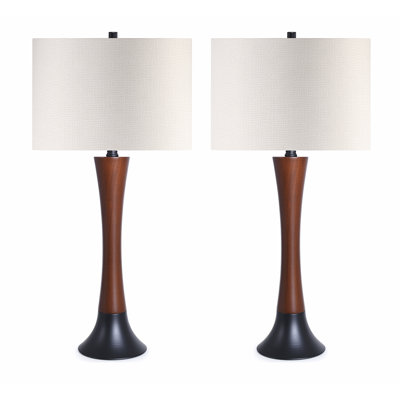 Lampe de table moderne du milieu du siècle en bois de 67 cm avec abat-jour en lin