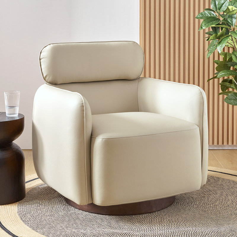 Mahvish Genuine Leather Swivel Rocker Barrel Chair With Adjustable Headrest, Ivory
