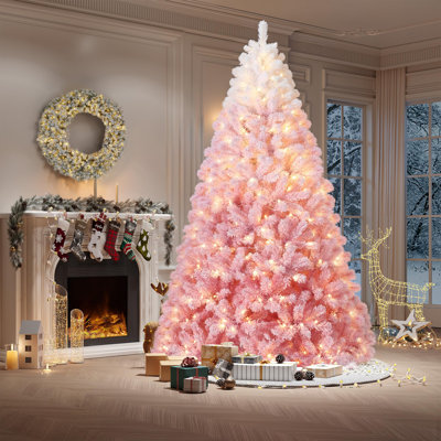 Artificial Christmas Tree with 800 Warm White LED Lights, 9Ft Pink Gradient Snow Frosted Xmas Tree for Holiday Decoration