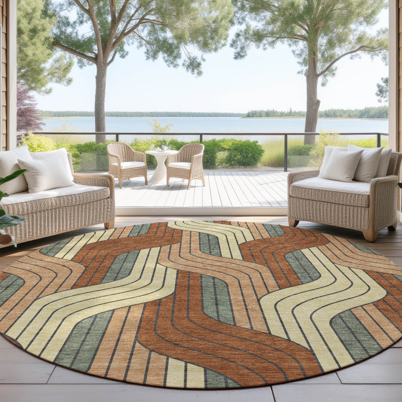 Tapis Mid-Century moderne lavable à la machine intérieur / extérieur Lockway ACN2422, Rond 8 pi