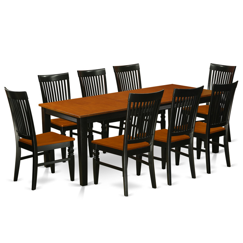 Ensemble de table de salle à manger 9 pièces comprenant une table rectangulaire en bois avec rallonge papillon et 8 chaises de cuisine, noir et cerisier