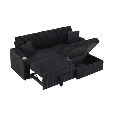 Aura Corduroy Convertible Sofa With Pull-Out Chaise, Integrated Coaster & Easy Assembly