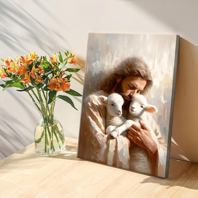 Jésus et les agneaux, art mural sur toile - Le bon berger, image de décoration murale - Le Christ sauve les petits agneaux