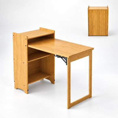 Wousoe Bamboo Foldable Computer Desk with Hidden Storage Cabinet