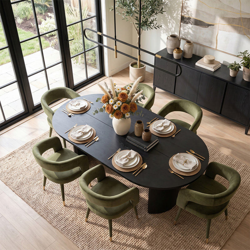 Ensemble de table de salle à manger moderne 79 "ovale avec 6 fauteuils de salle à manger en velours, Green