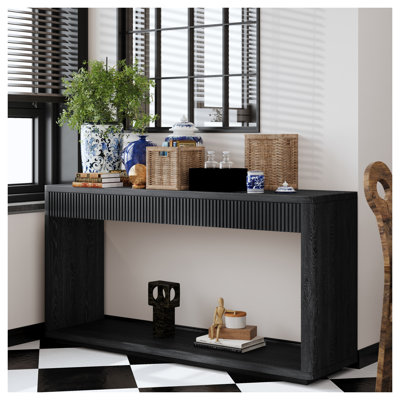 Console moderne de 60 pouces avec 2 tiroirs, canapé en placage de bois pour le salon, table d'entrée étroite, table d'appoint de couloir, finition noire