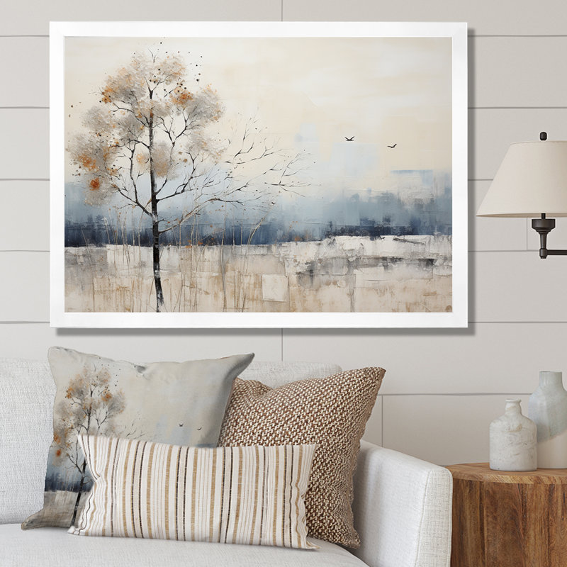 Minimalisme beige et bleu campagne II - impressions sur toile campagne, H 12 po x l 20 po x P 1 po, Cadre blanc
