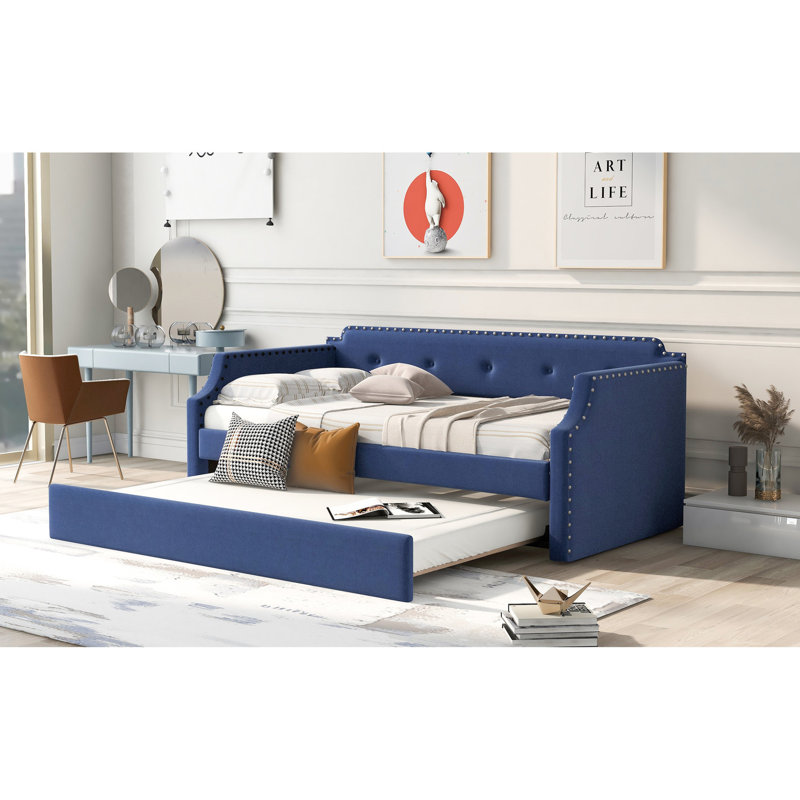 Upholstered Daybed With Trundle In Blue, Twin - Linen Upholstery, Resilient Wood Slat Support Trundle, Blue Upholstered, Assembly