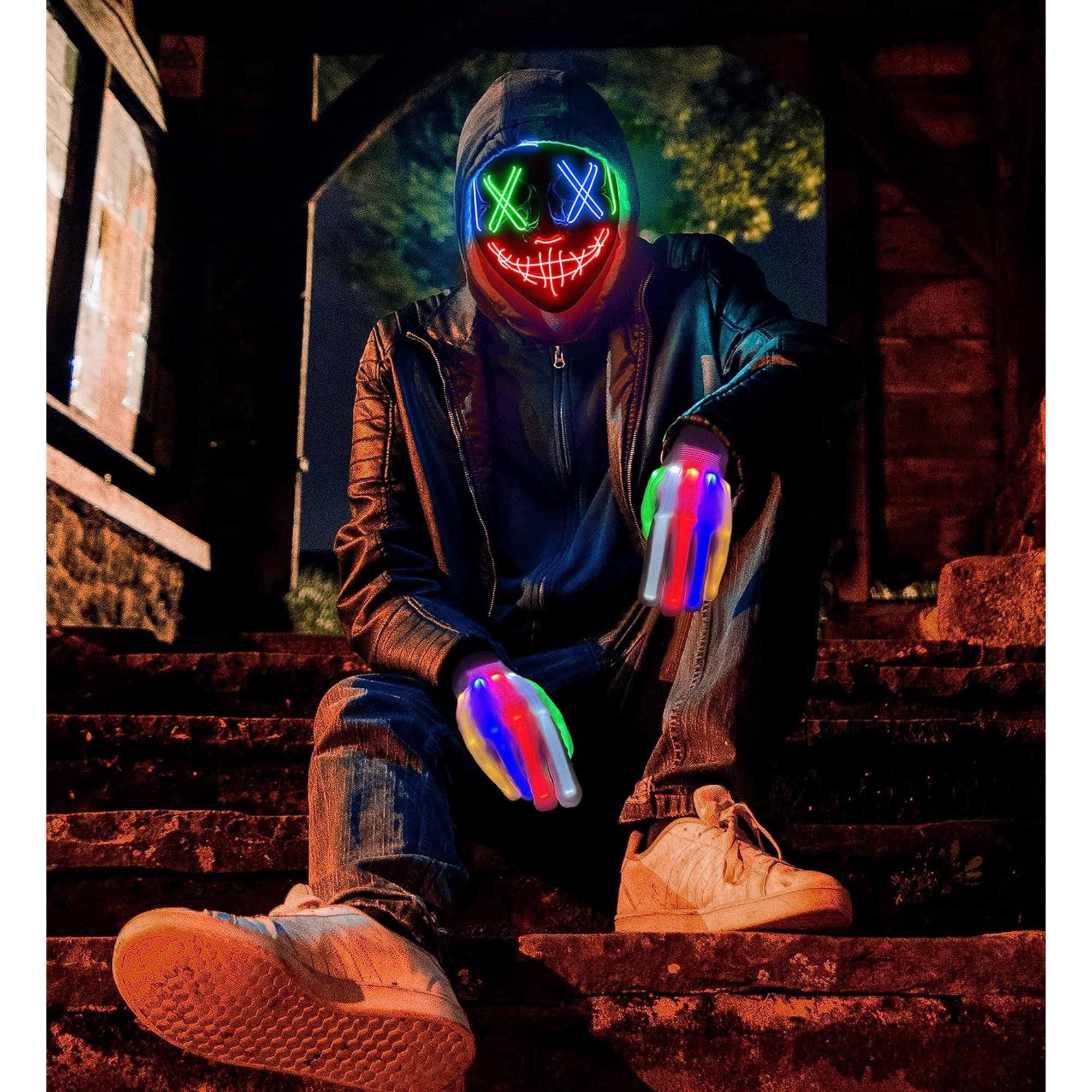 LED Skeleton Halloween Mask & Glow Gloves Set - Light Up Costume For Adults & Kids