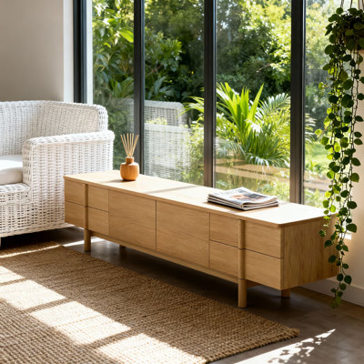 86.8 Inch Natural Wood Tv Stand With Drawers And Cabinet by Corrigan Studio