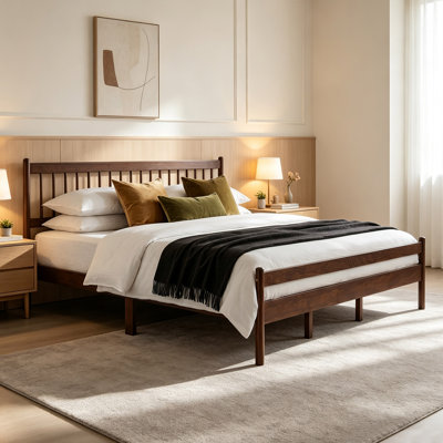 King Size Farmhouse Wooden Bed Frame, Vertical Slat Spindle Design Sturdy Solid Wood Slat Support Bedroom Bed