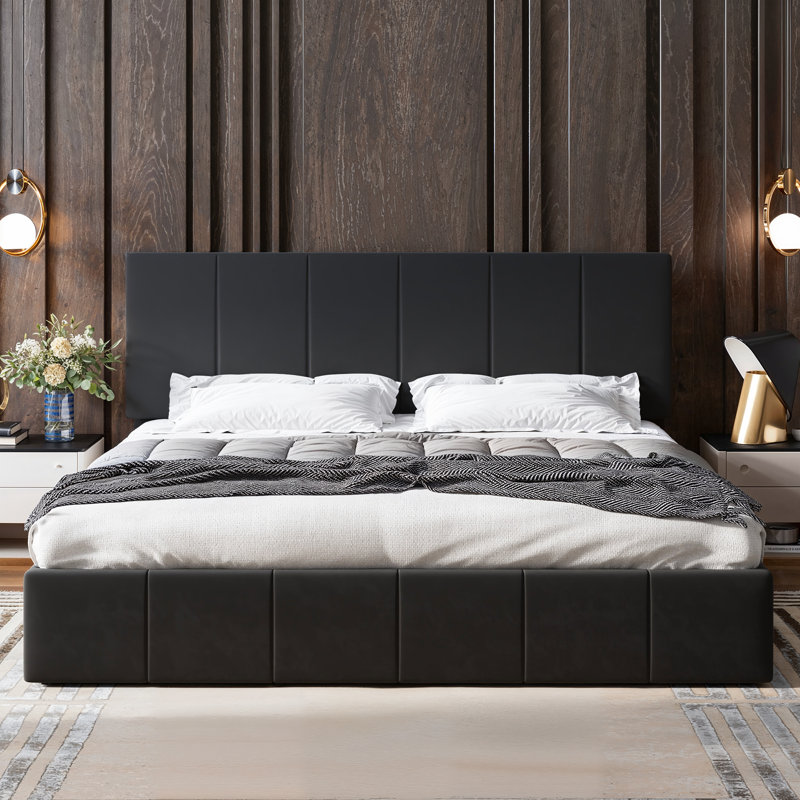 Hydraulic Lift Up Storage Velvet Upholstered Platform Bed, Black, King