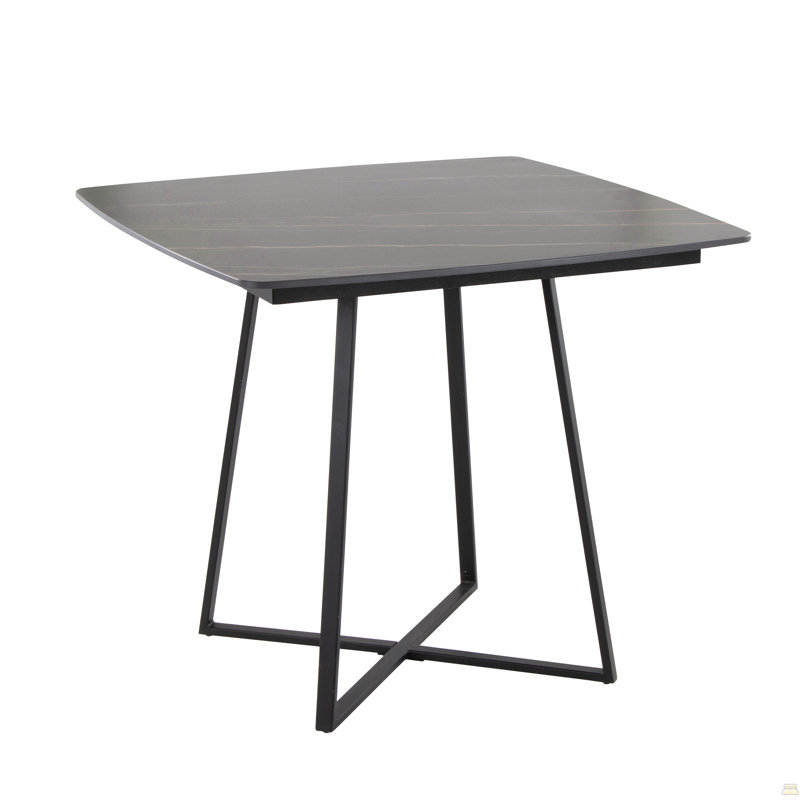Table de salle à manger avec base en métal noir et bois noir avec plateau en céramique effet marbre noir