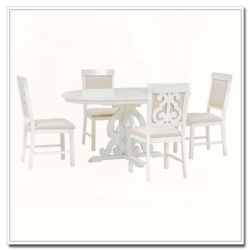 Ensemble de salle à manger extensible 5 pièces avec chaises creuses, Blanc antique