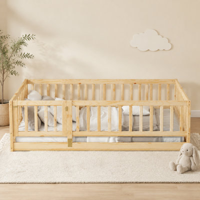 Oak Twin Size Montessori Floor Bed with Fence & Door, 7 Slats Support, No Box Spring Needed