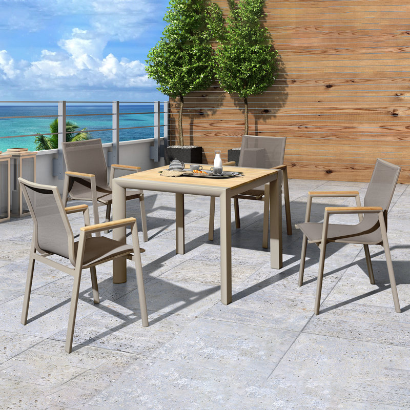 4-Person Square Outdoor Patio Dining Set, Weatherproof Teak Table with Phifertex Sling Stackable Chairs, Easy-Clean & Rustproof