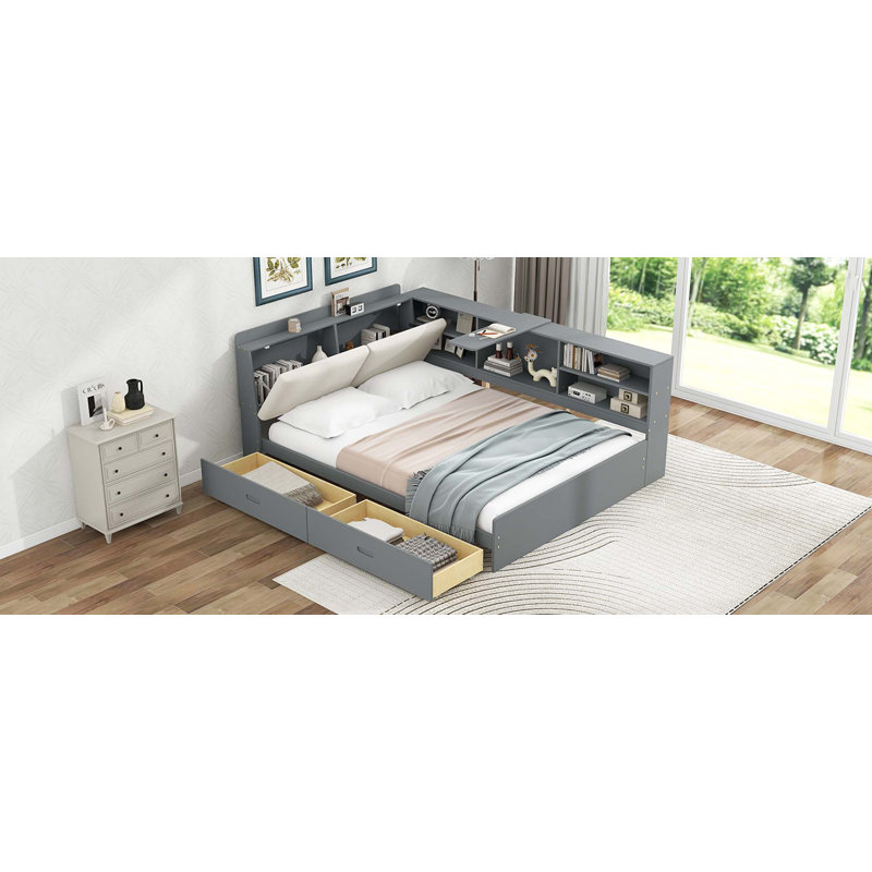 Lit plateforme en bois avec tête de lit, tablettes et 2 tiroirs, gris