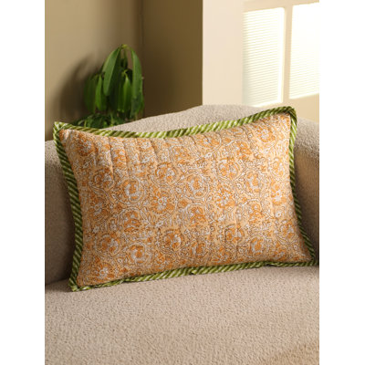 16x24 Floral Hand Block Printed Kantha Quilted Pillow Cover