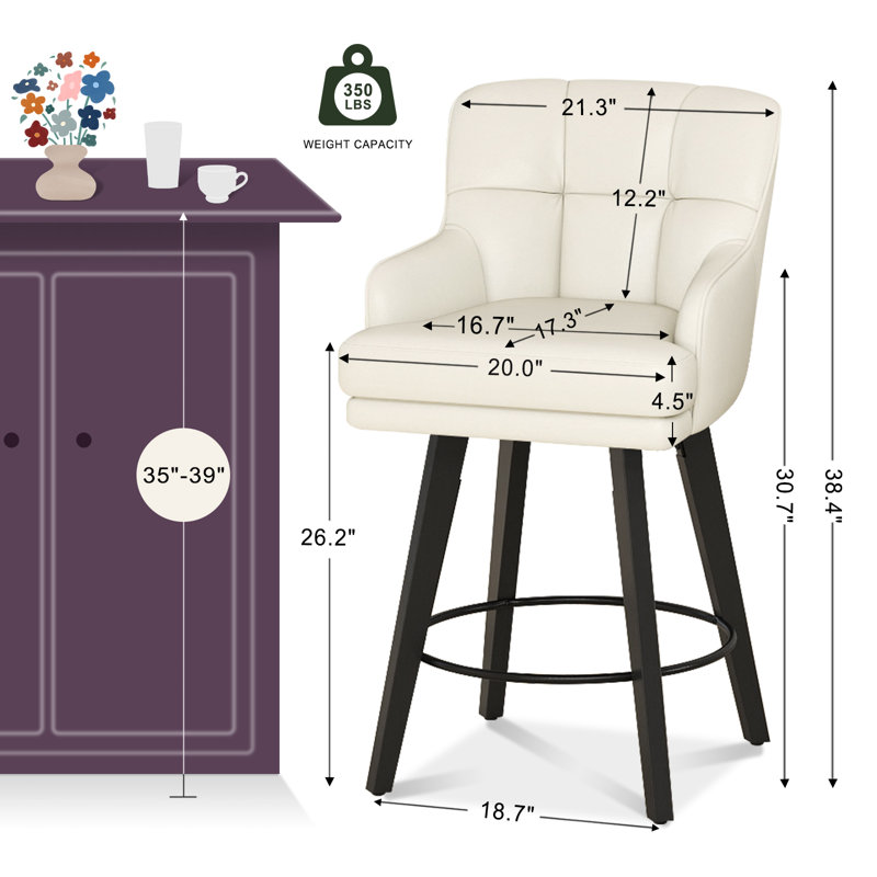 26''H Upholstered 360°Swivel Counter Height Bar Stools, Wood Legs Kitchen Island Chairs, 3, Beige