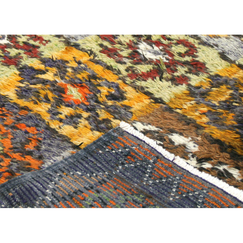 Tapis unique en laine noué à la main de style années 1960 de 4 pi x 7 pi 9 po gris / brun / jaune / orange