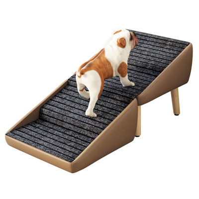 Foldable 2-in-1 Dog Stairs for Small Dogs, Wooden Pet Steps & Ottoman Combo, Non-Slip Carpeted Ramp for Couch and Bed, Space-Saving Footstool for Puppy Senior Injured Pets, Coffee